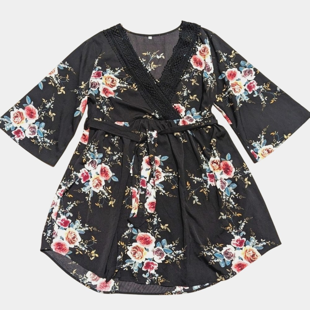 Plus Size 2X 2XL Black Floral Babydoll Mini Dress Kimono Empire‎ Waist